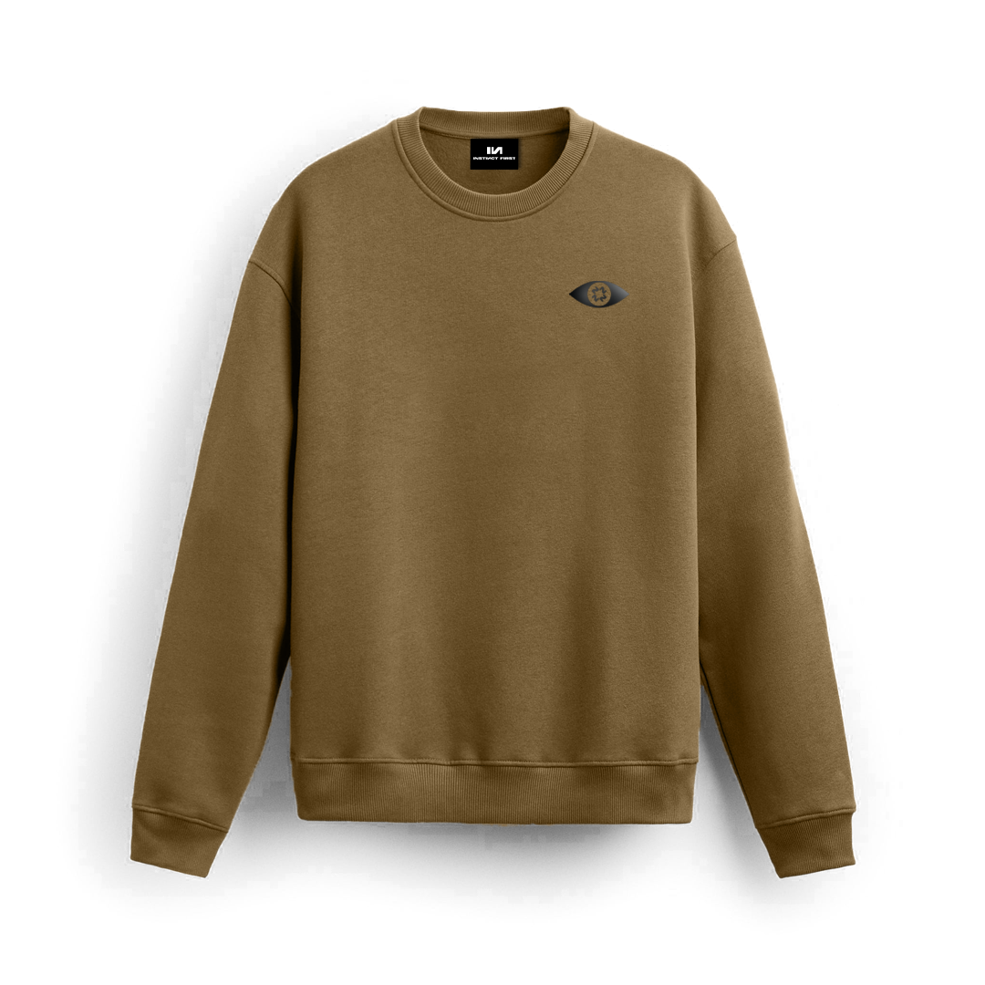 Stylera brown graphic sweatshirt for men crewneck with small chest emblem relaxed fit casual layering