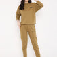 Stylera brown graphic sweatshirt for men paired with matching joggers white sneakers and sunglasses