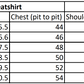 Stylera brown graphic sweatshirt for men size guide showing XS to XXL with length chest shoulder sleeve measurements