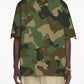 Stylera camo bowling shirt short sleeve green brown camouflage with orange buttons and chest logo