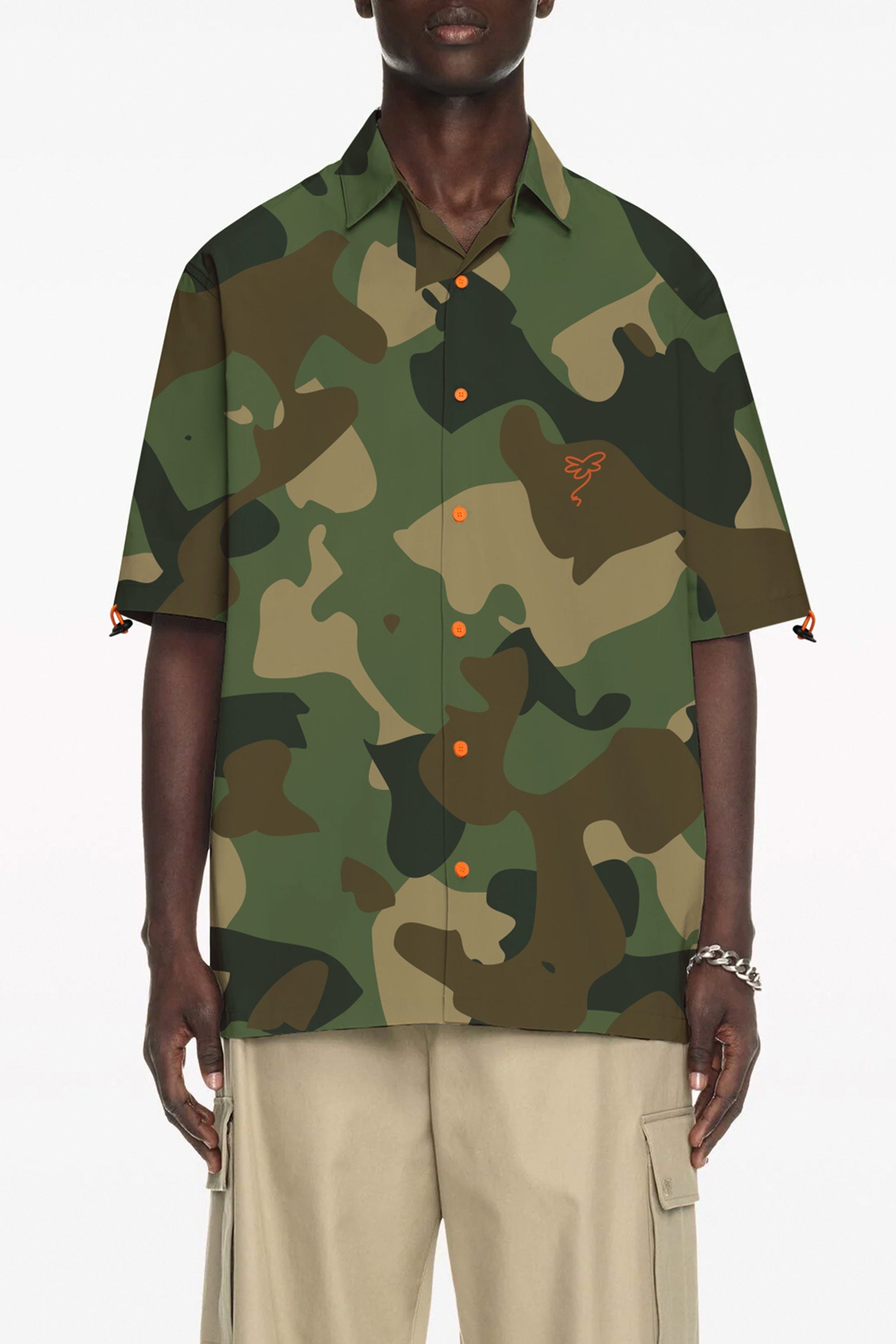 Stylera camo bowling shirt short sleeve green brown camouflage with orange buttons and chest logo