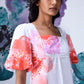 Stylera white casual floral dress for women with watercolor coral and purple blooms square neckline and puff sleeves