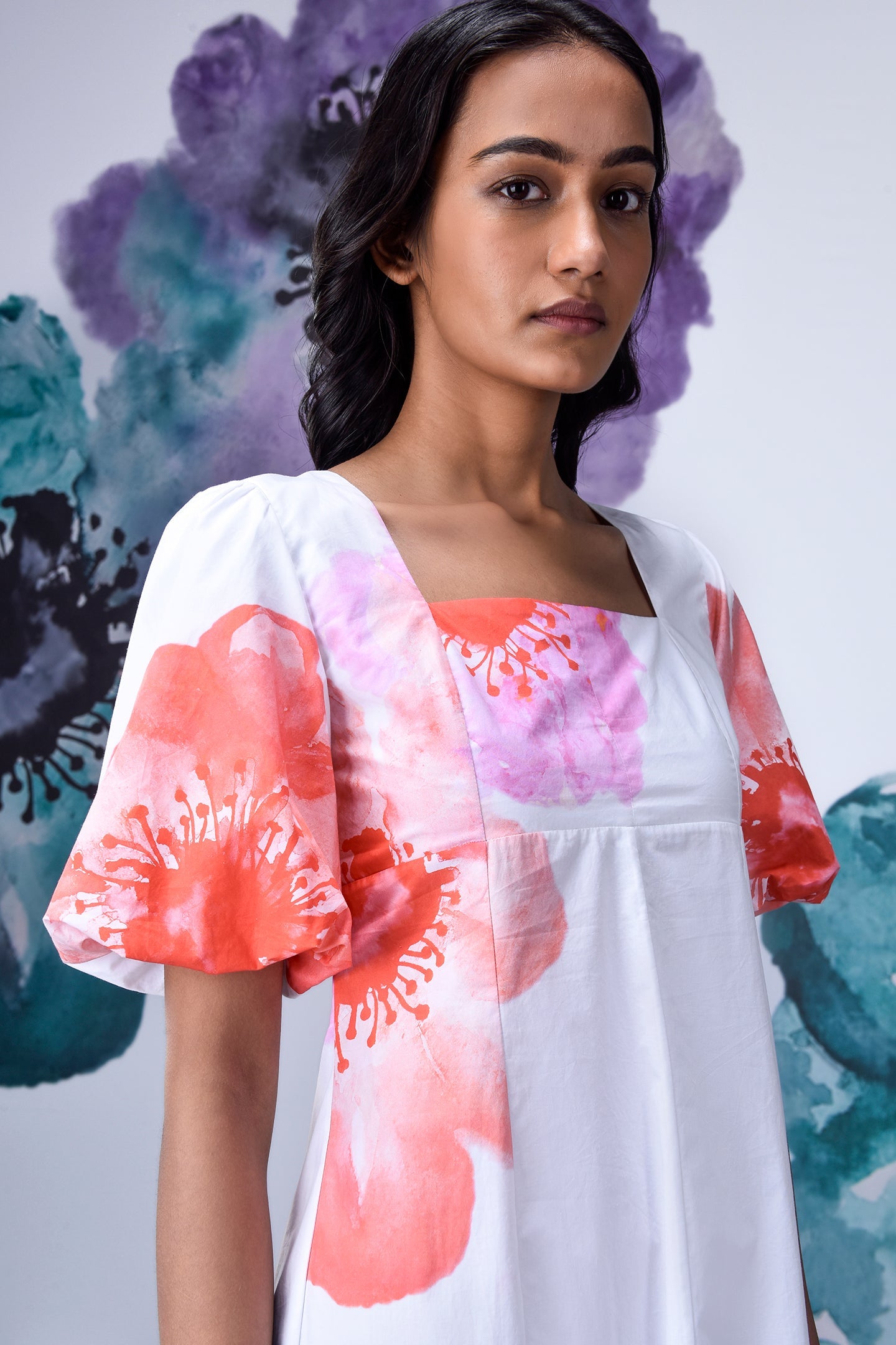 Stylera white casual floral dress for women with watercolor coral and purple blooms square neckline and puff sleeves