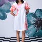 Stylera casual floral dress for women white shift dress with puff sleeves and coral floral print