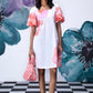 Stylera casual floral dress for women white shift dress with coral floral sleeves and pouch bag