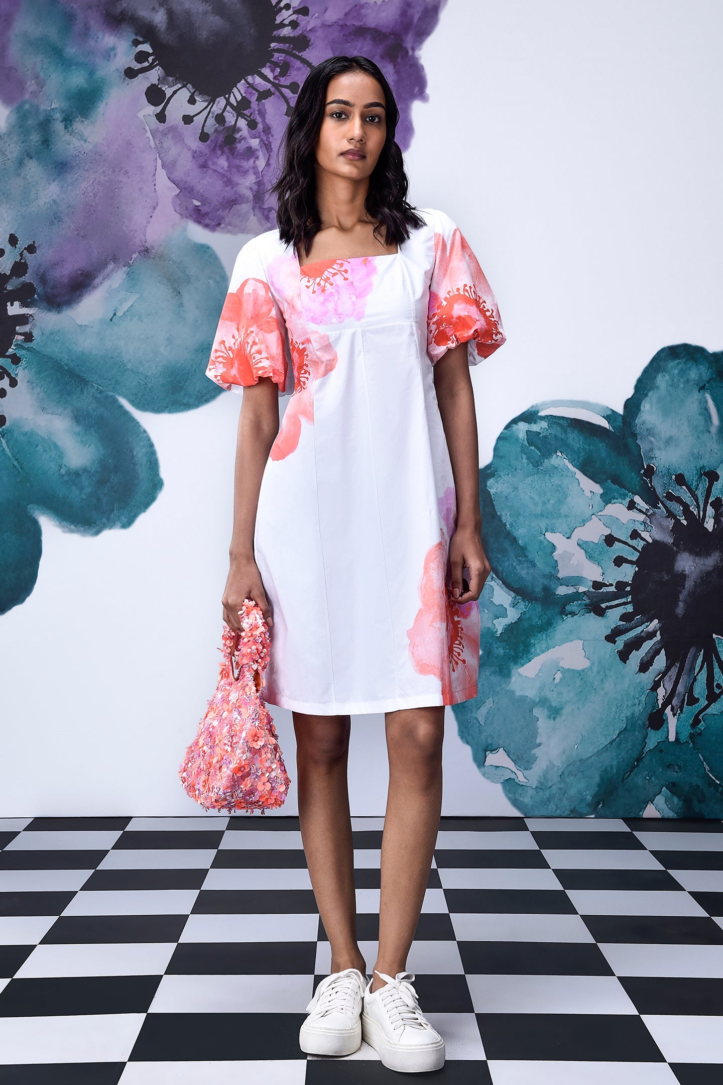 Stylera casual floral dress for women white shift dress with coral floral sleeves and pouch bag