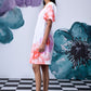 Stylera casual floral dress for women white with pink orange blooms and puff sleeves