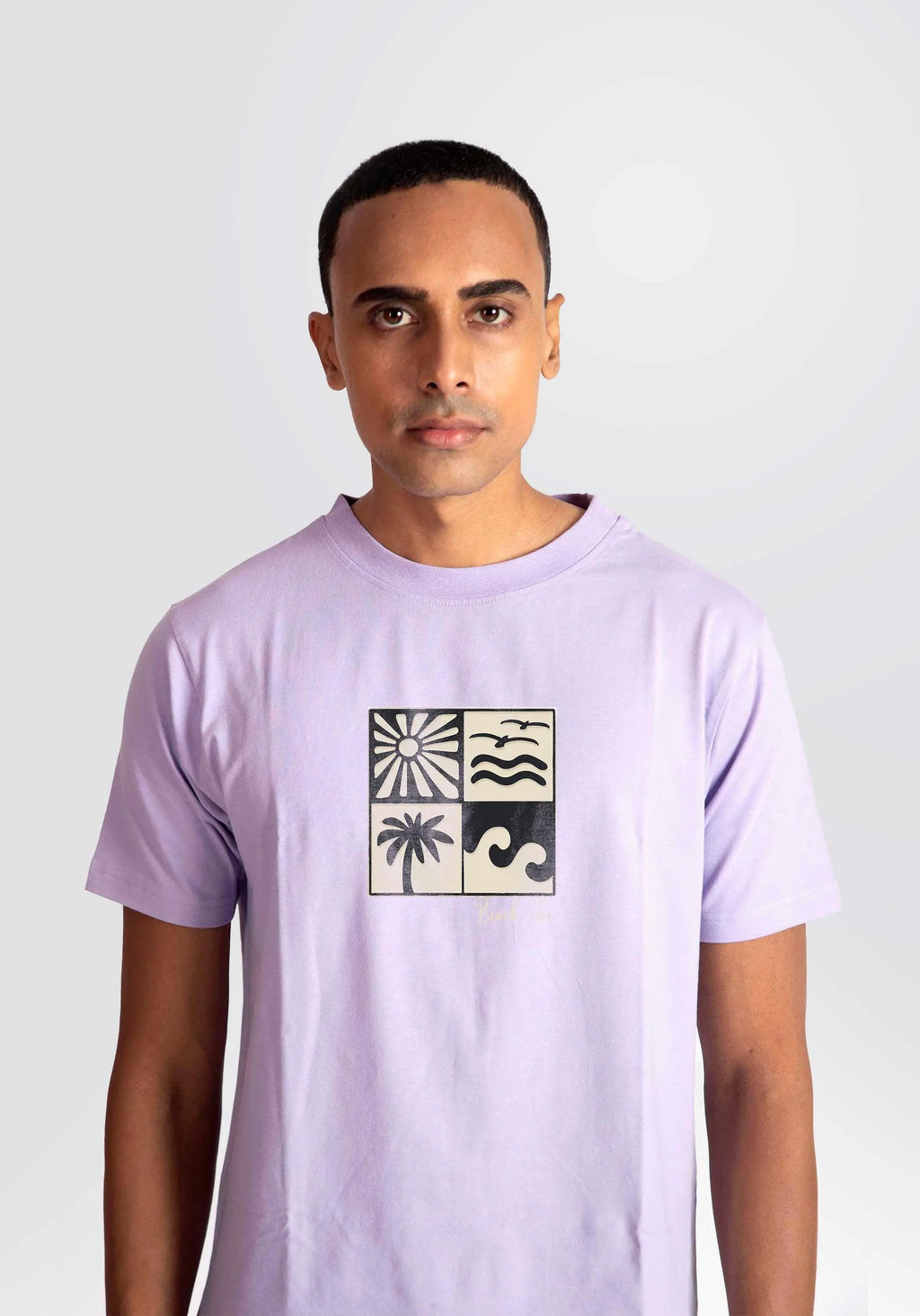 Stylera lavender t-shirt for men featuring a graphic design with sun palm tree and waves