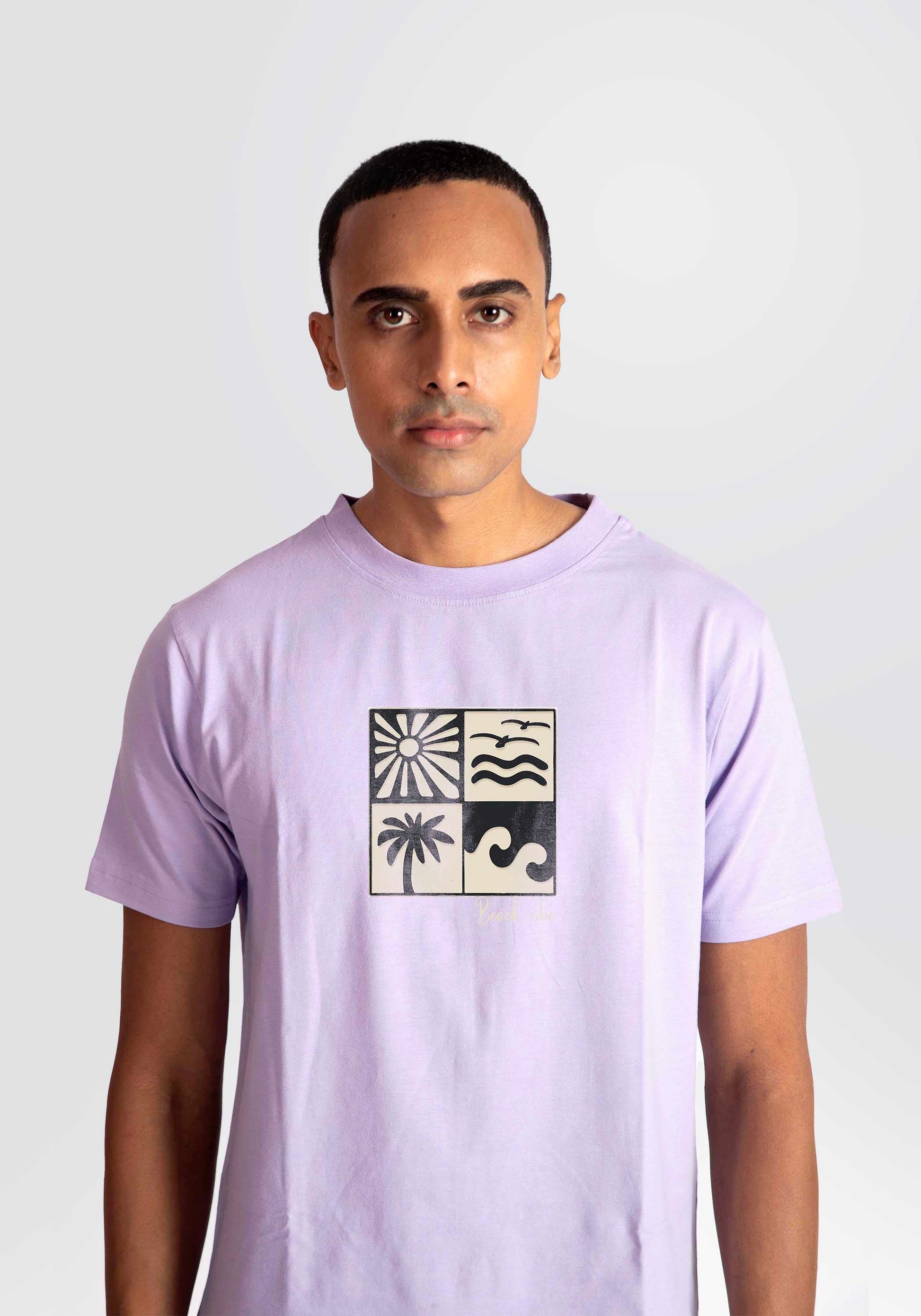 Stylera lavender t-shirt for men featuring a graphic design with sun palm tree and waves