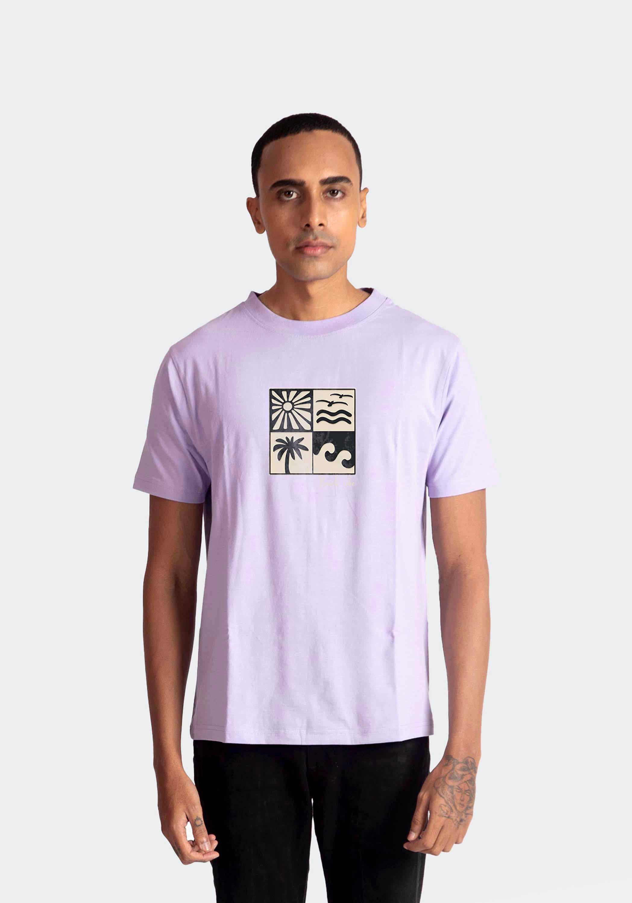 Stylera lavender t-shirt for men with black and white nature graphic on chest