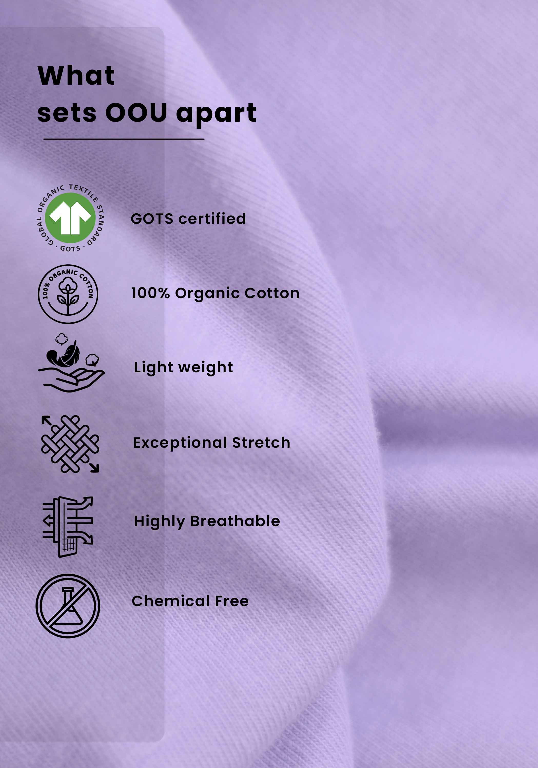 Close-up of lavender t-shirt for men fabric showing soft texture with organic cotton and breathable features