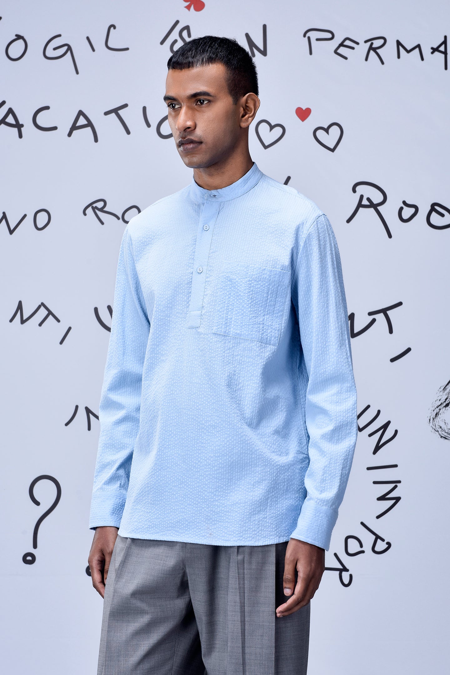 Stylera light blue regular fit shirt with mandarin collar worn by male model