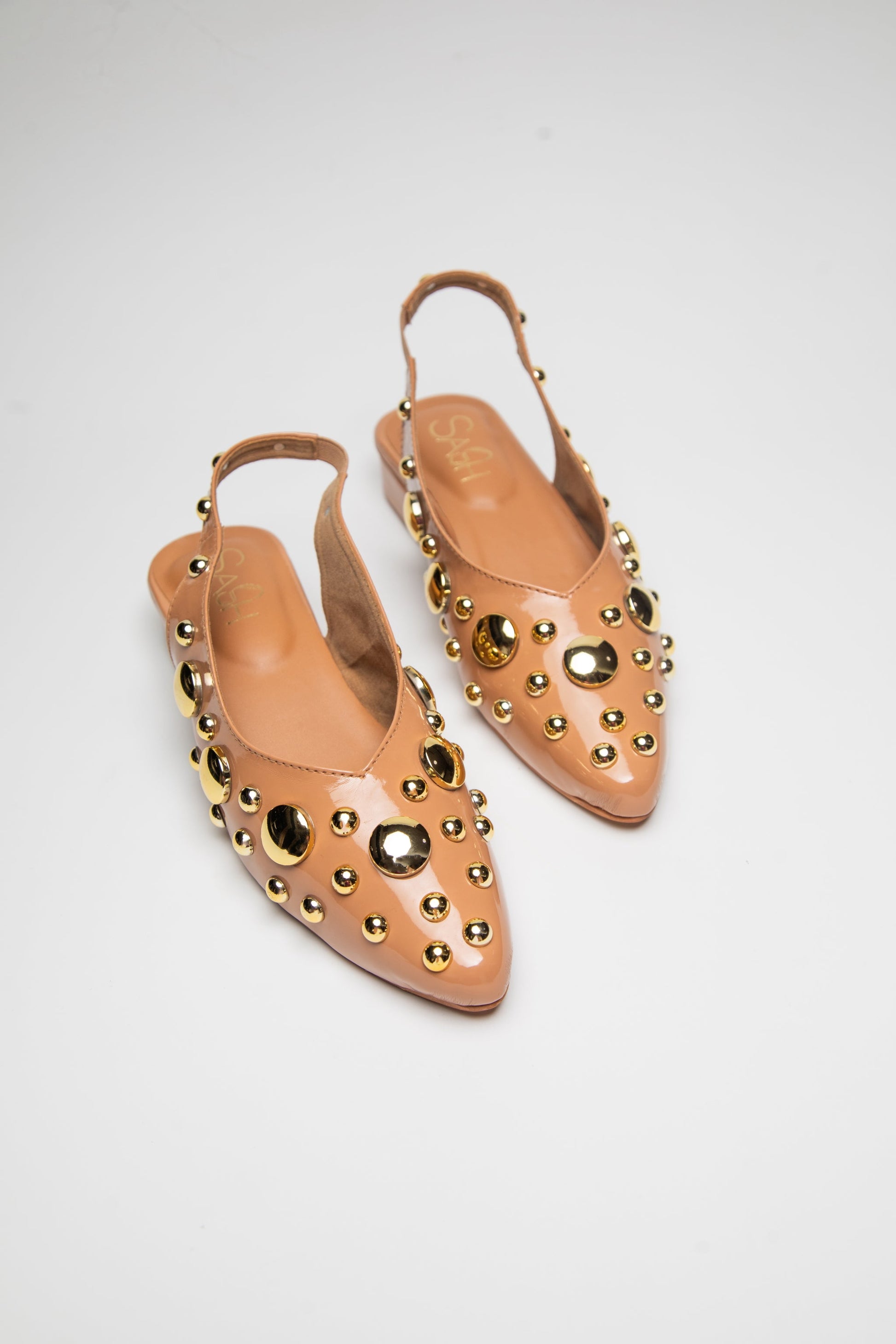 Stylera light gold studded flats heels with slingback strap and pointed toe design