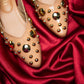 Stylera light gold studded flats heels with round embellishments on satin fabric