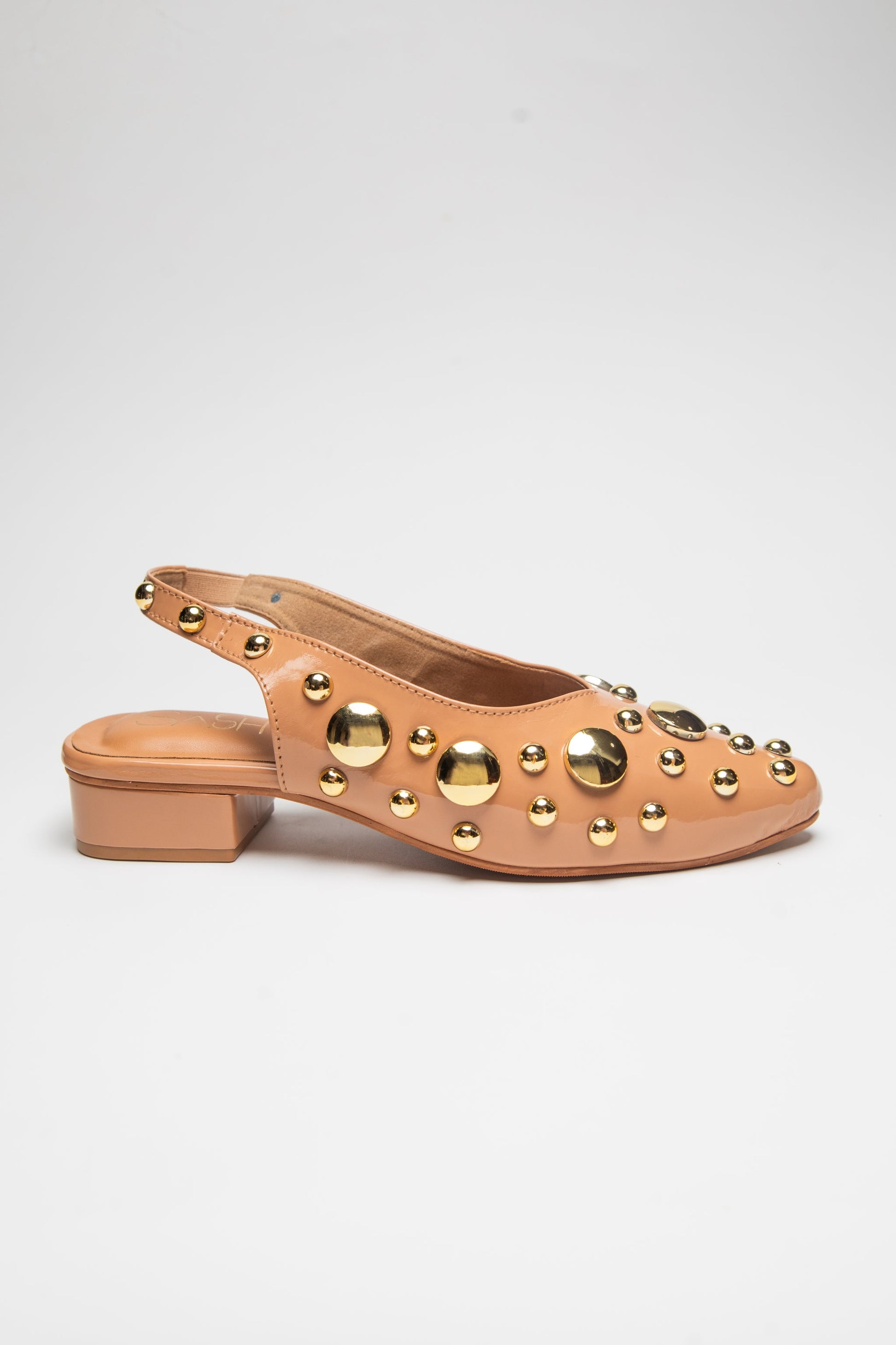 Light Gold studded flats heels by Stylera featuring round gold embellishments and low block heel