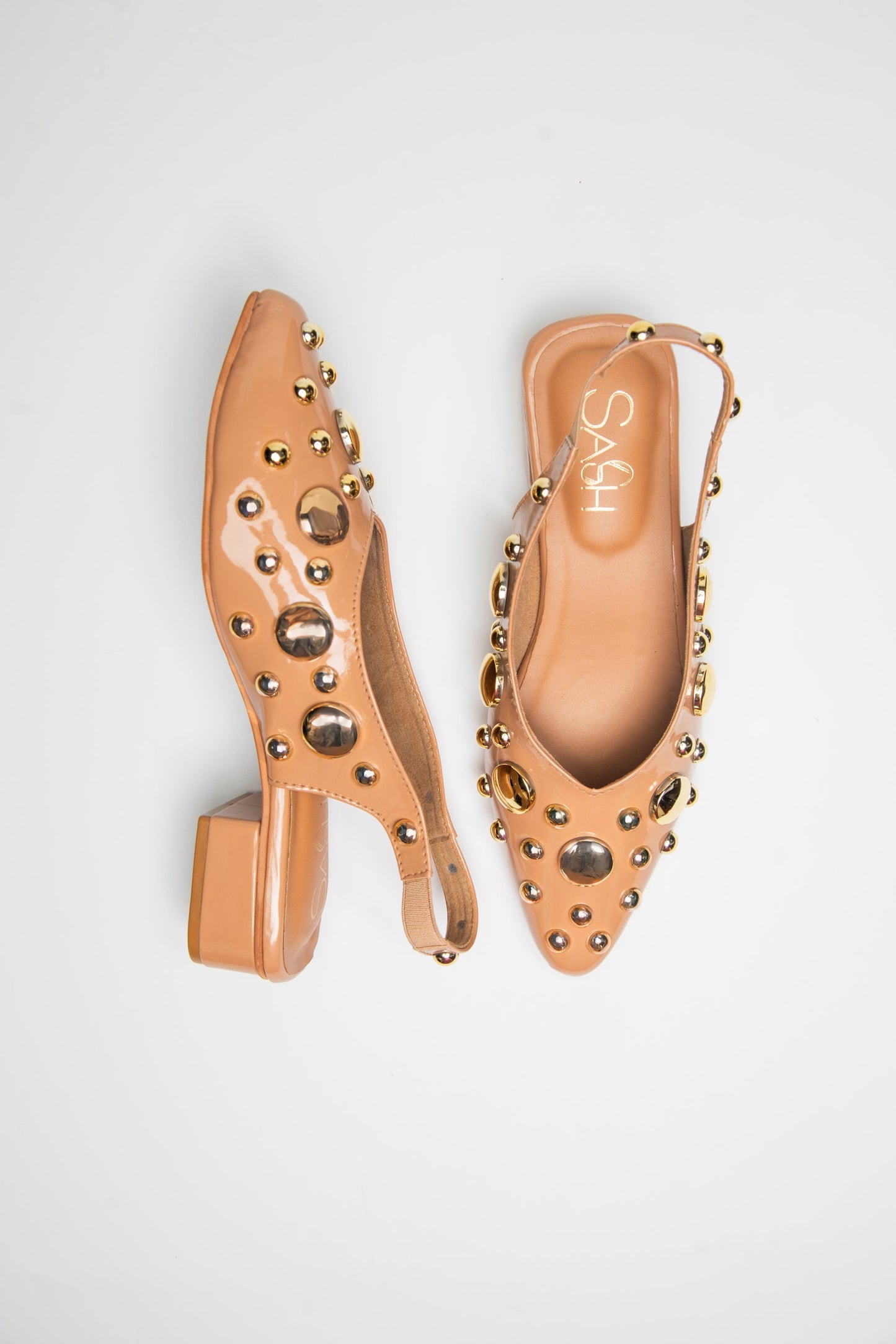 Stylera light gold studded flats heels with block heel and decorative round studs