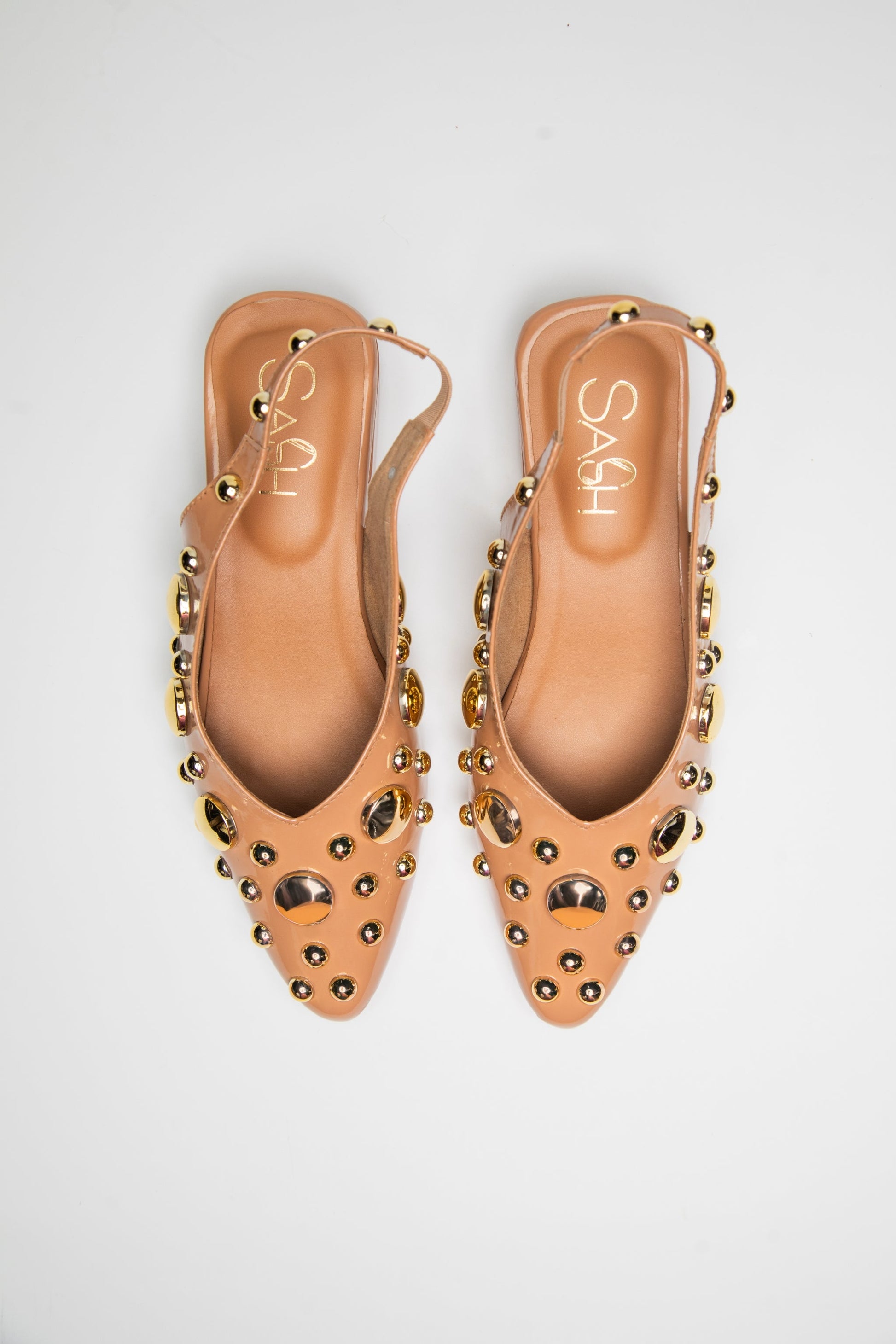 Stylera light gold studded flats heels with pointed toe and slingback design