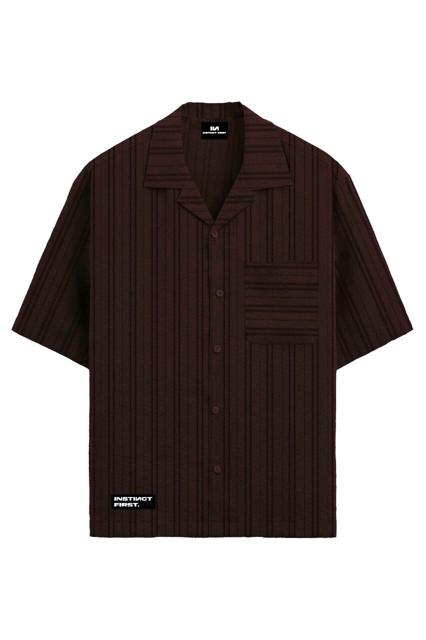 Stylera men's maroon striped shirt short sleeve camp collar with front pocket and vertical stripes
