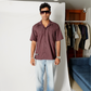Stylera men's maroon striped shirt short sleeve relaxed fit modeled with light wash jeans