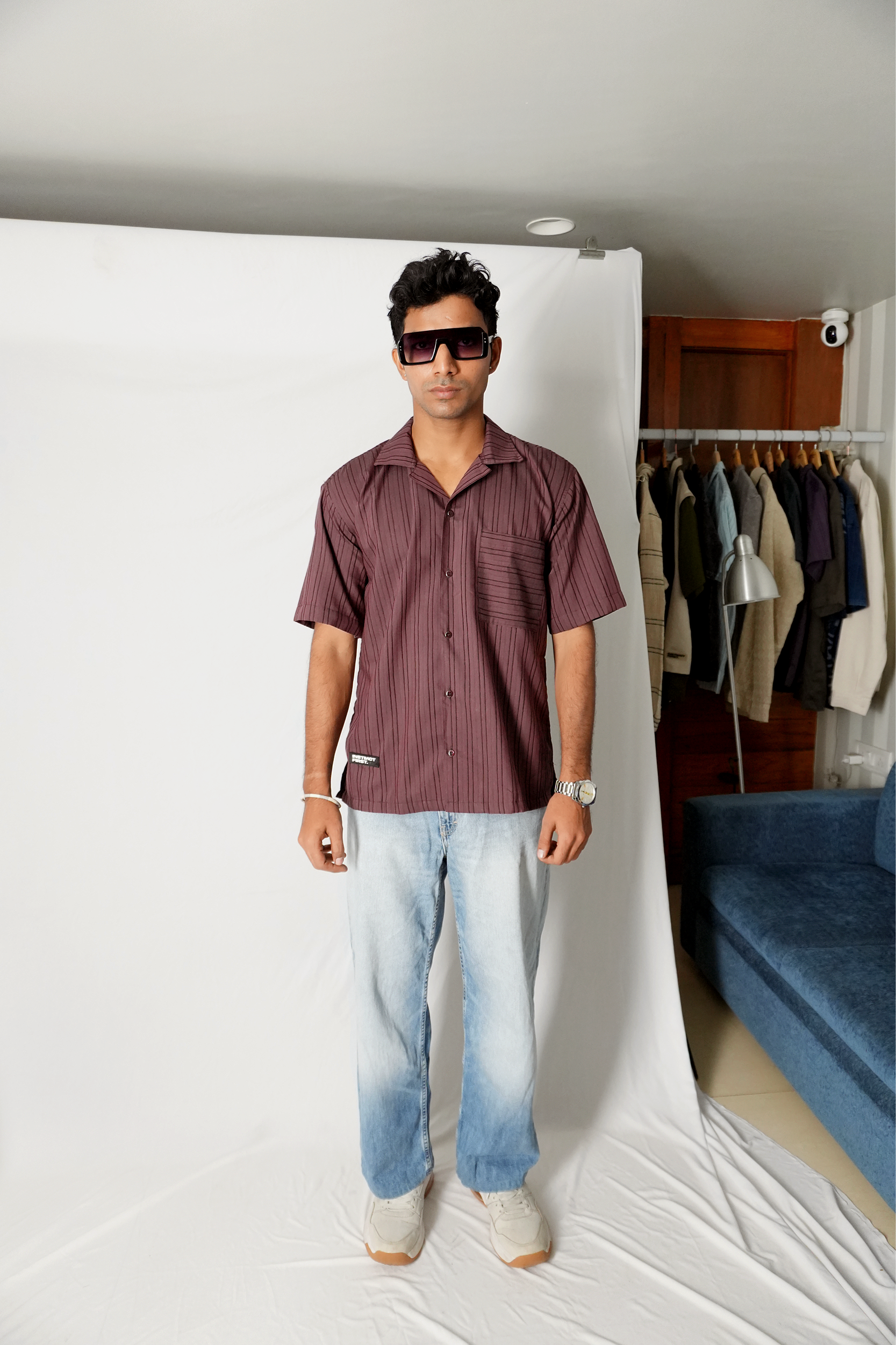 Stylera men's maroon striped shirt short sleeve relaxed fit modeled with light wash jeans