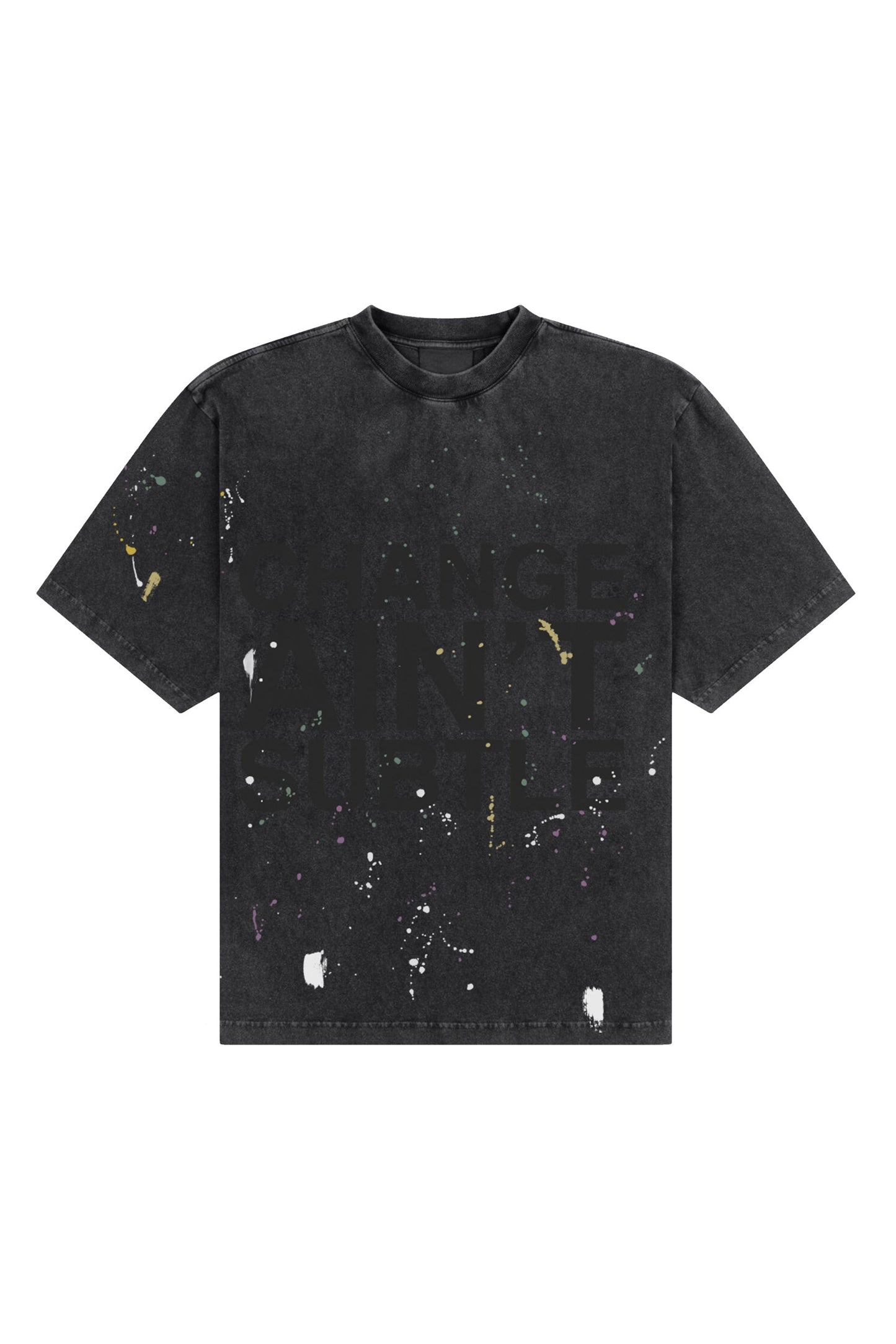 Stylera men's trendy graphic tee charcoal wash with multicolor paint splatter and faded front print