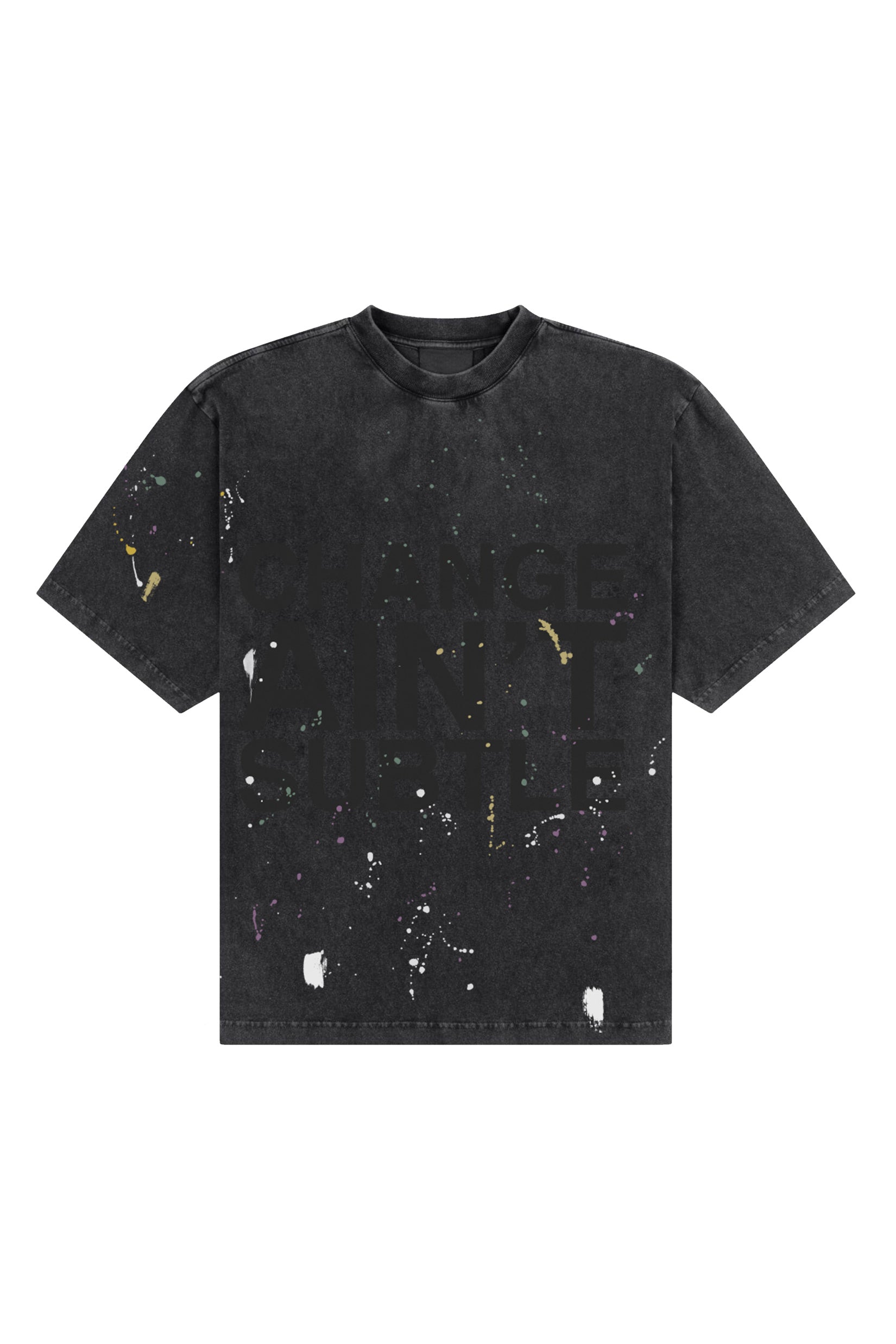 Stylera men's trendy graphic tee charcoal wash with multicolor paint splatter and faded front print