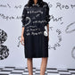 Stylera oversized black shirt dress trendy mid length button shirt dress with white graphic prints and sneakers