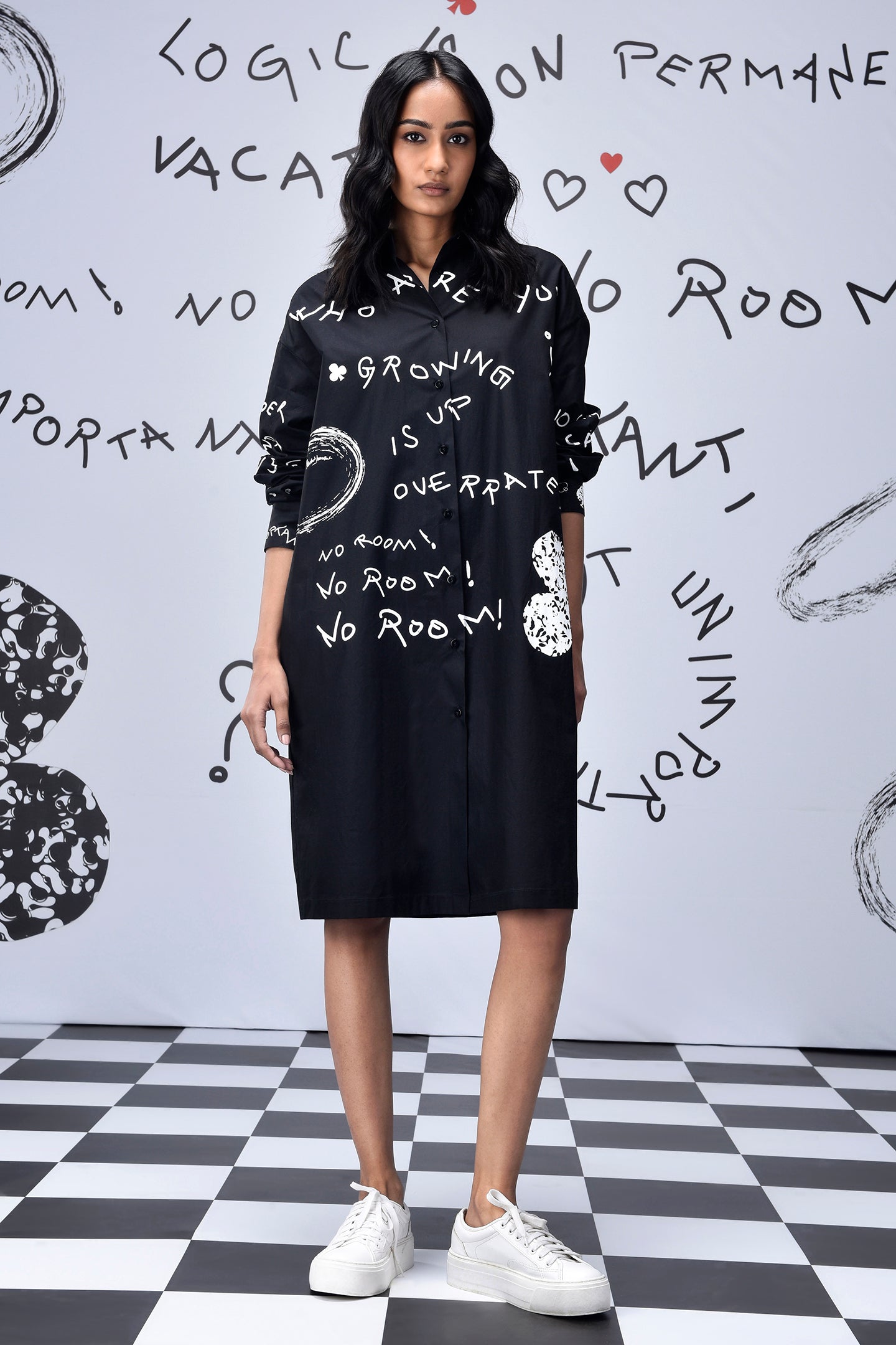 Stylera oversized black shirt dress trendy mid length button shirt dress with white graphic prints and sneakers