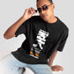 Stylera oversized fashion t-shirt for men in black with graphic print worn by a male model