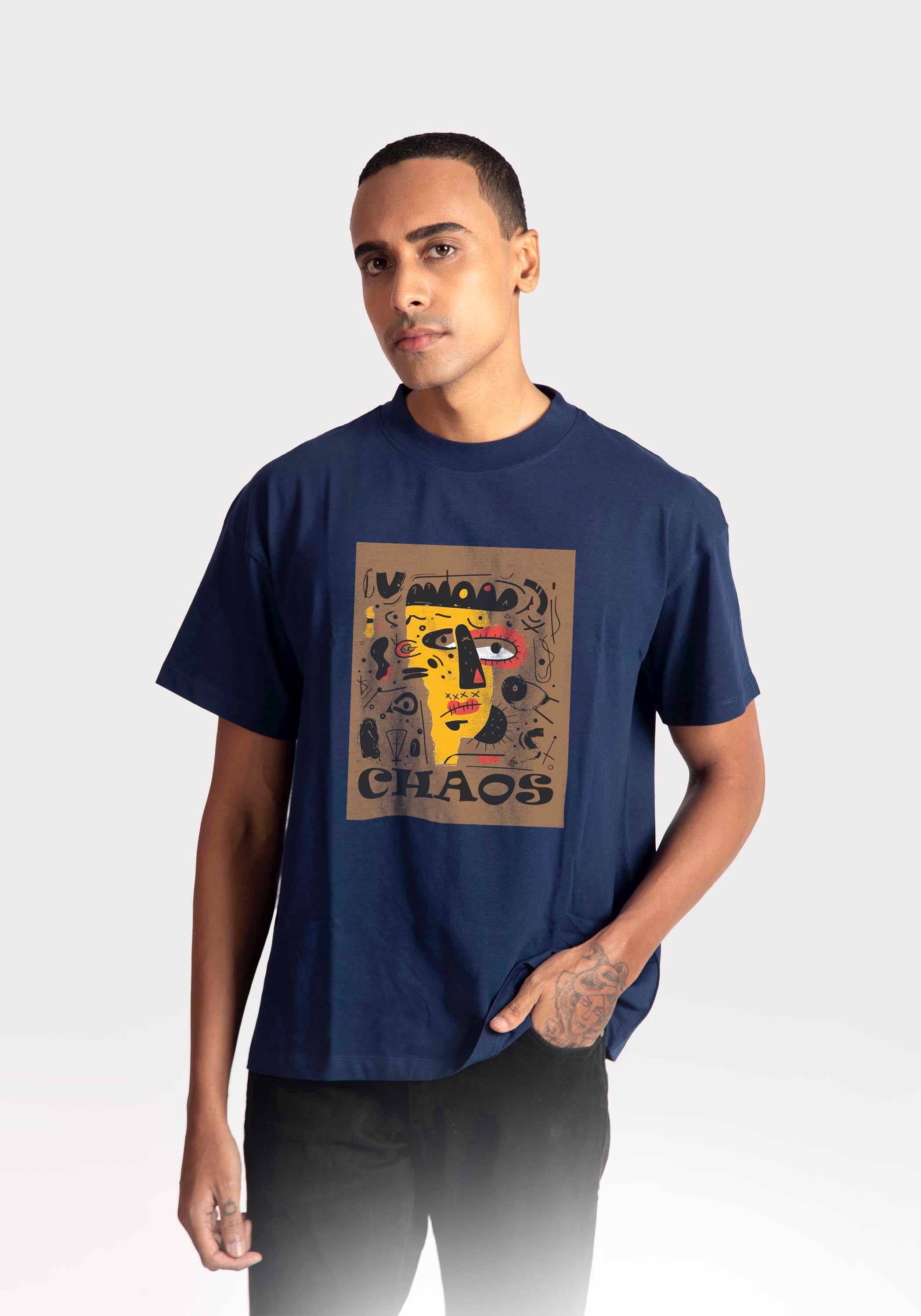 Stylera regular fit art print t-shirt in navy blue with abstract face design and chaos text