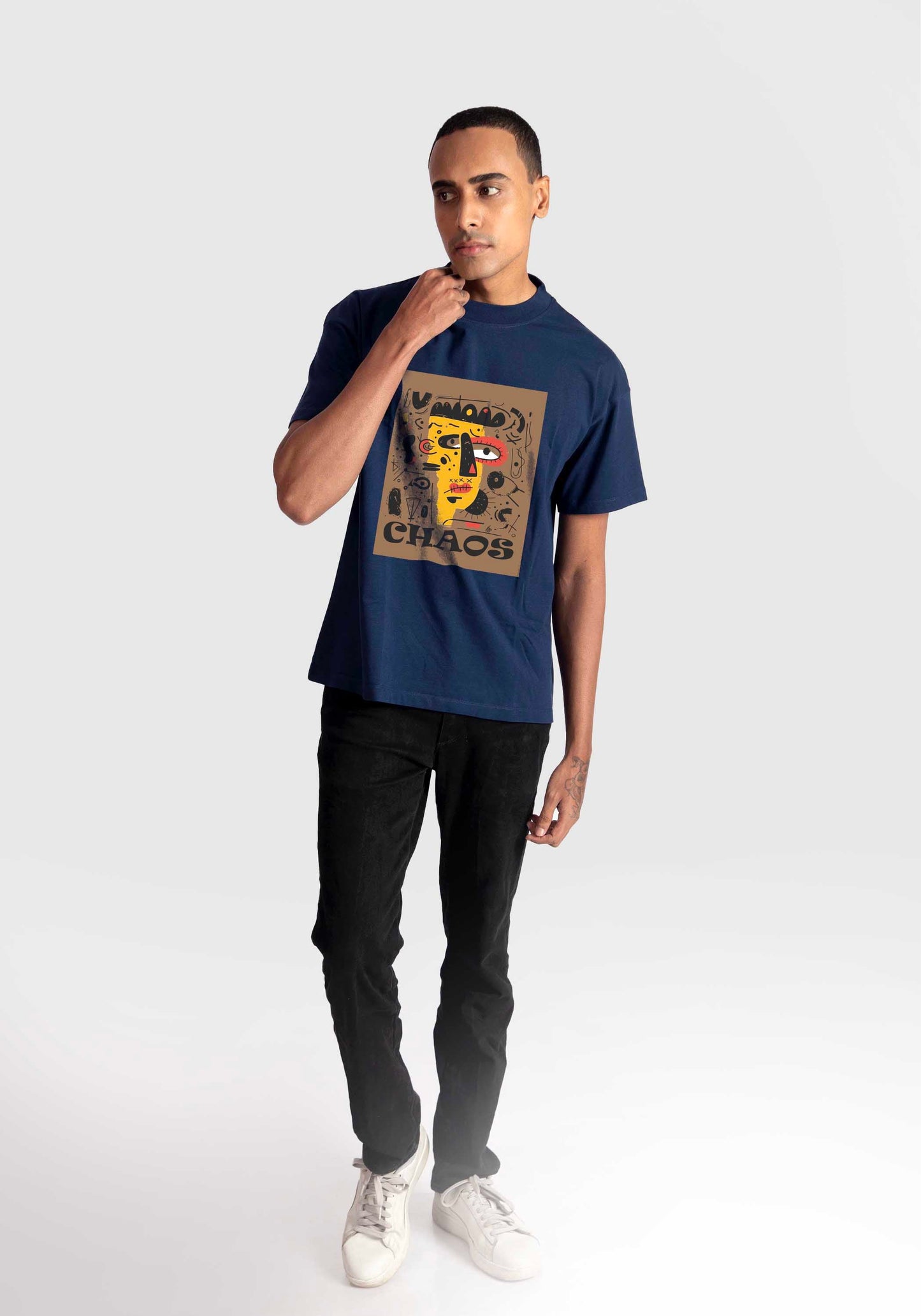 Stylera regular fit art print t-shirt in navy blue with abstract yellow and brown graphic design