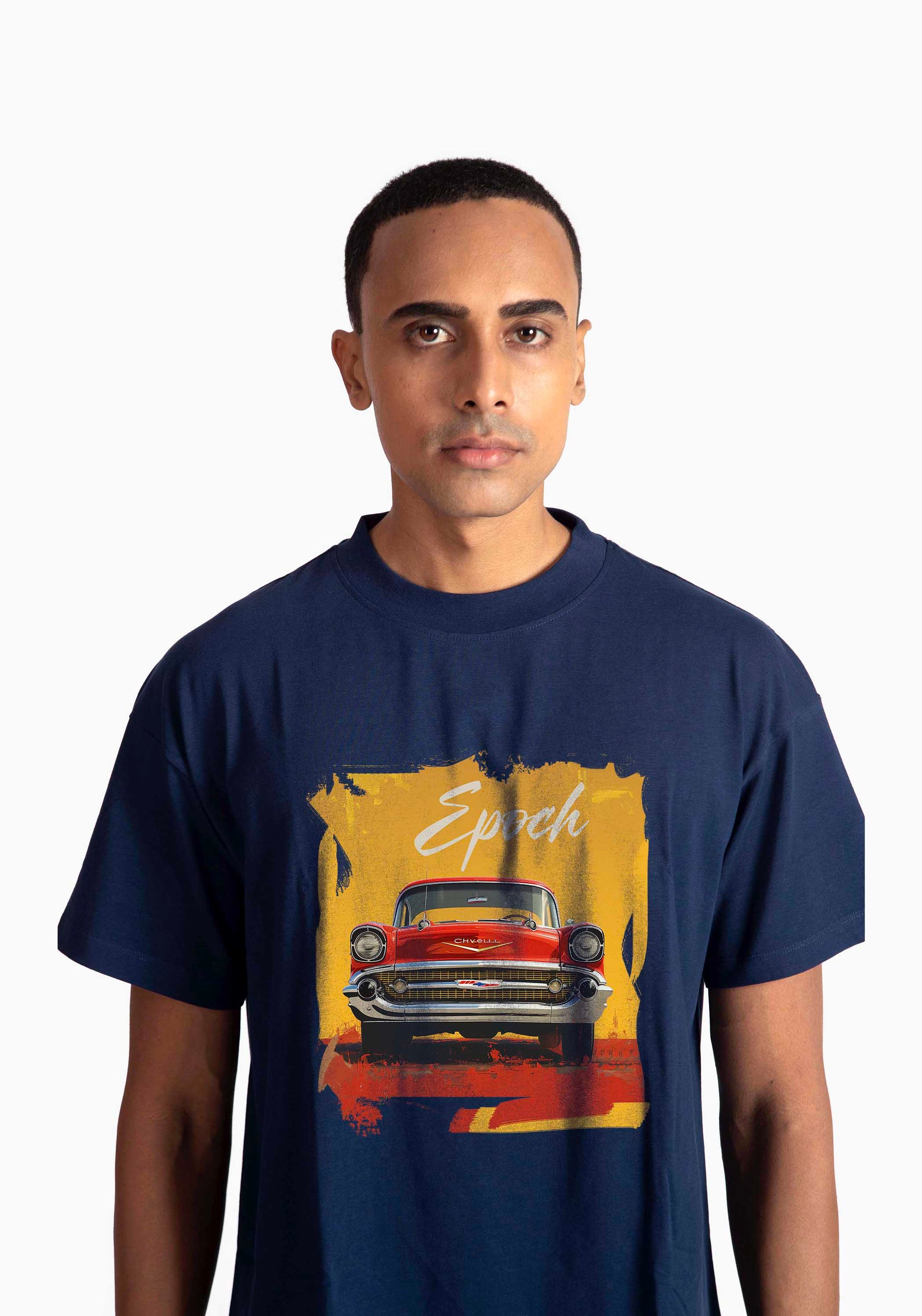 Stylera regular fit men's fashion tee in navy with vintage car graphic design