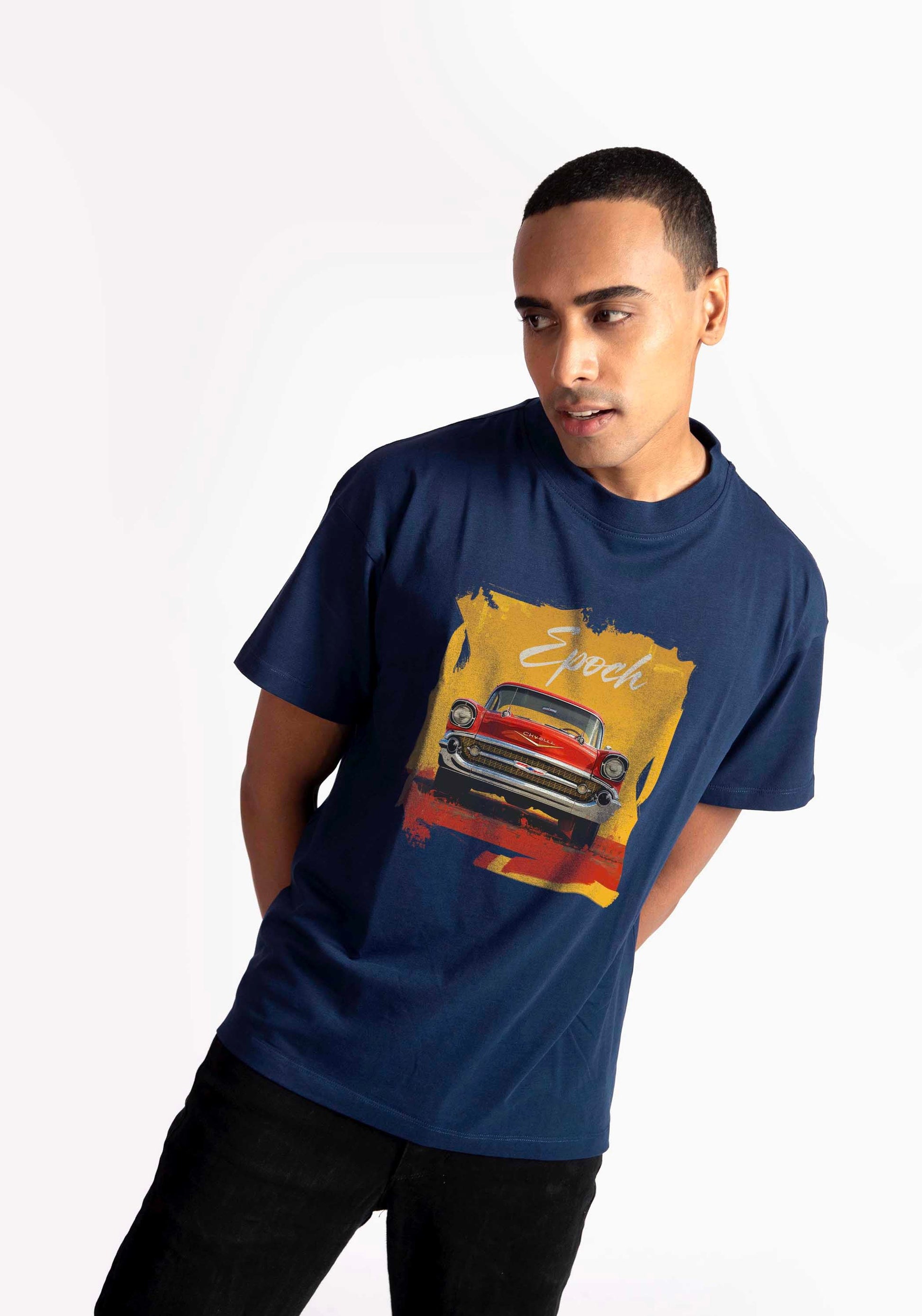 Stylera regular fit men's fashion tee in navy with vintage red car graphic print