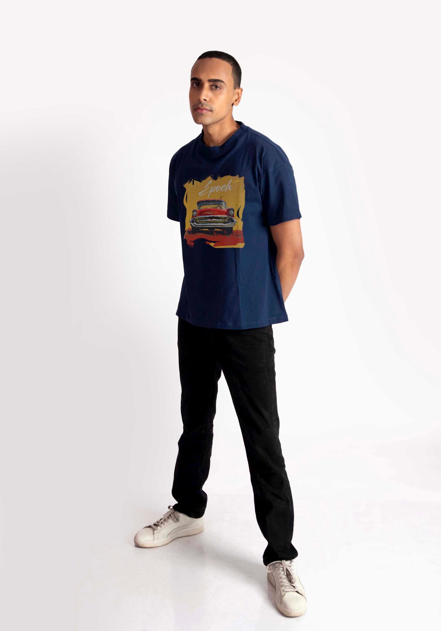 Stylera regular fit men's fashion tee navy blue with vintage car graphic worn by male model