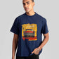 Stylera regular fit men's fashion tee in navy blue with vintage car graphic and Epoch text
