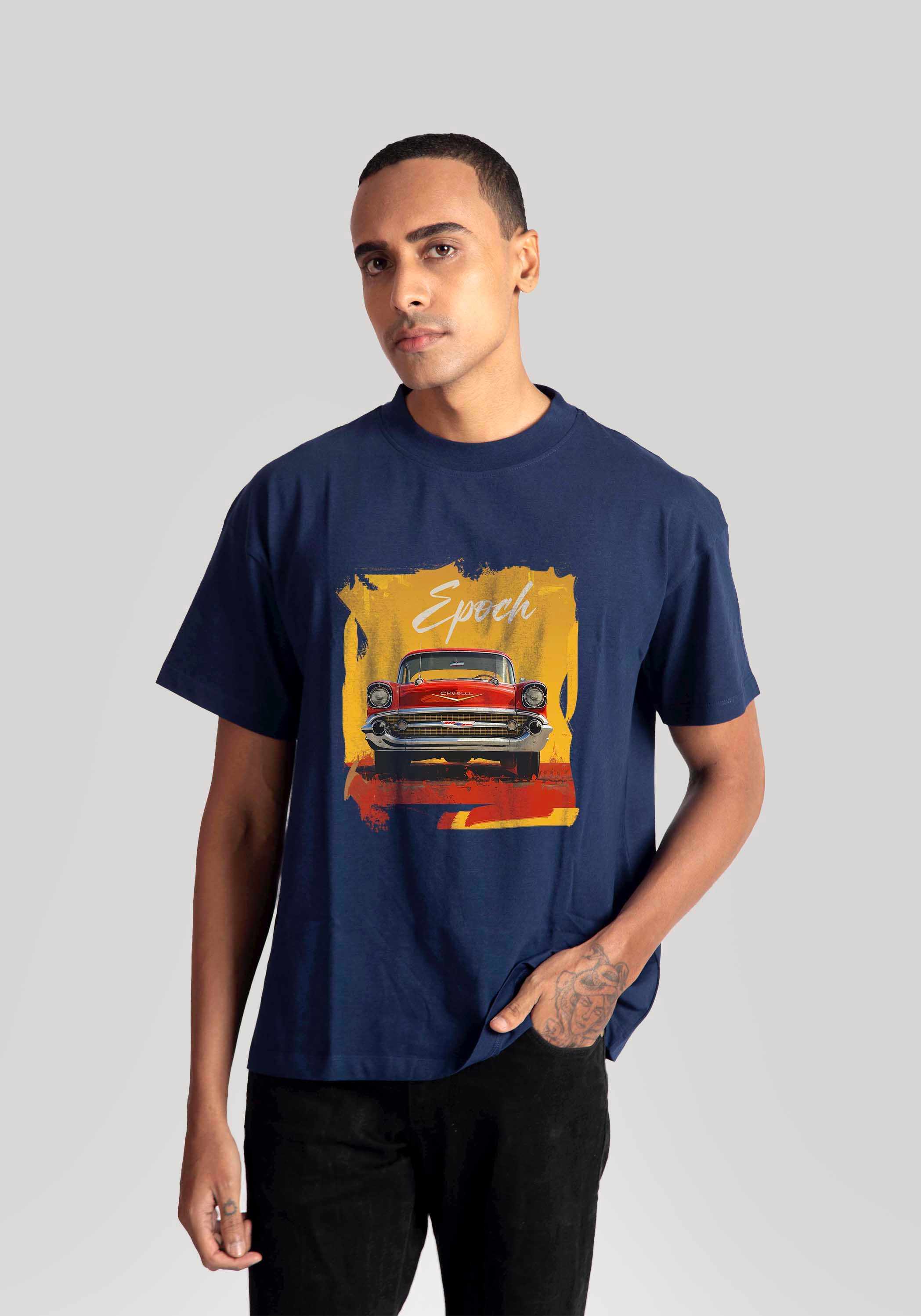 Stylera regular fit men's fashion tee in navy blue with vintage car graphic and Epoch text