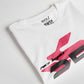 Stylera regular fit white tee with red and black graphic design folded on a white surface