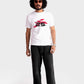 Stylera regular fit white tee with graphic print worn by male model with sunglasses and black pants