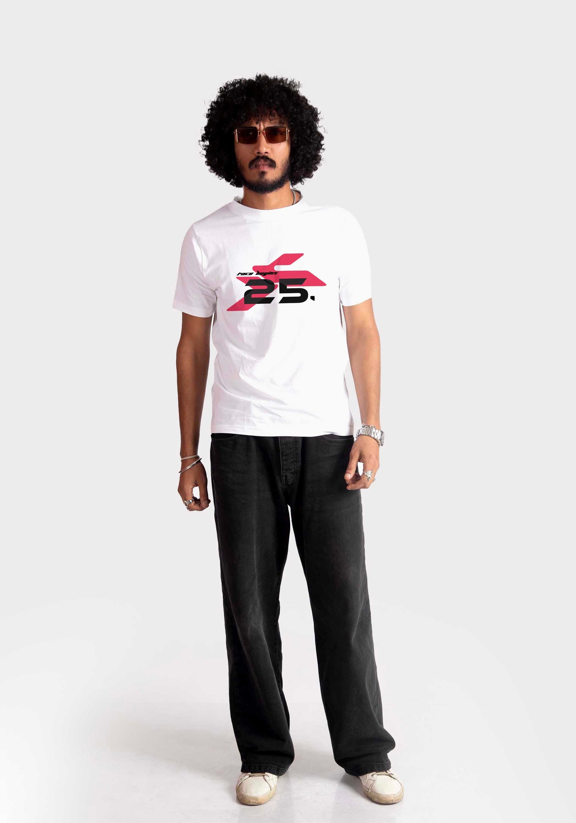 Stylera regular fit white tee with graphic print worn by male model with sunglasses and black pants
