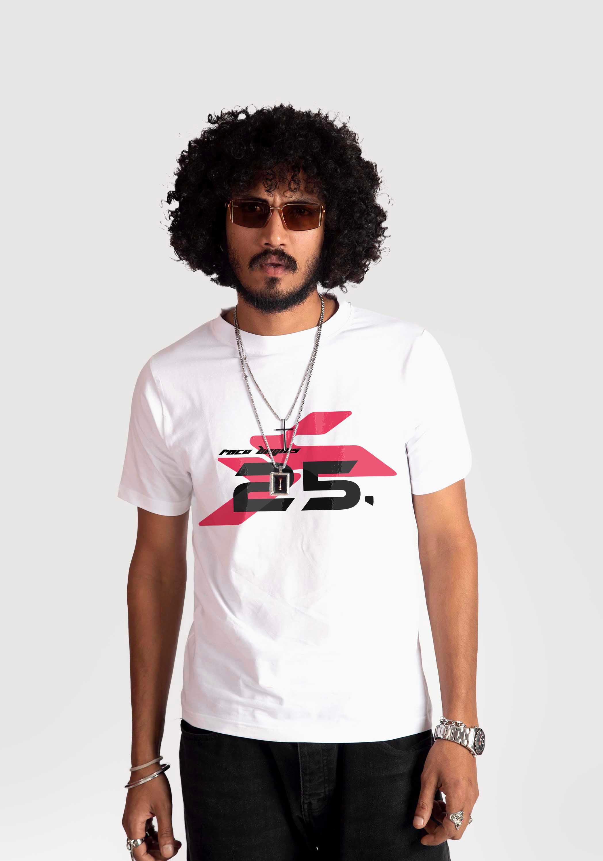 Stylera regular fit white tee with graphic print worn by man with sunglasses and accessories