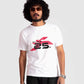 Stylera regular fit white tee with red and black graphic worn by man with sunglasses