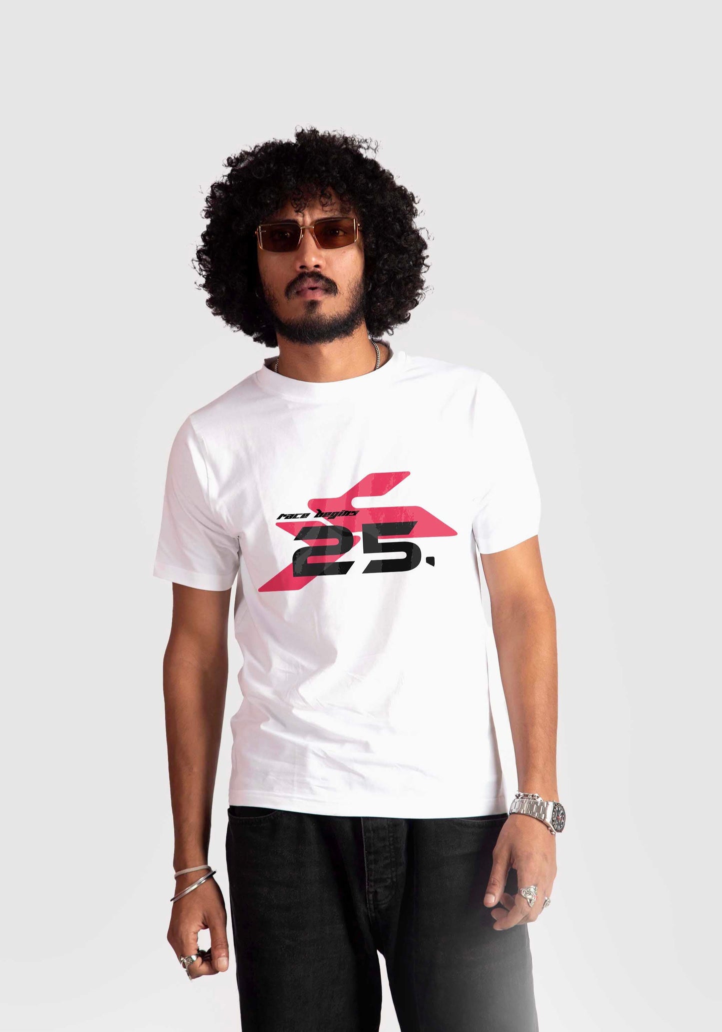 Stylera regular fit white tee with red and black graphic worn by man with sunglasses