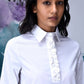 Stylera relaxed fit white dress for women with textured floral front placket and spread collar