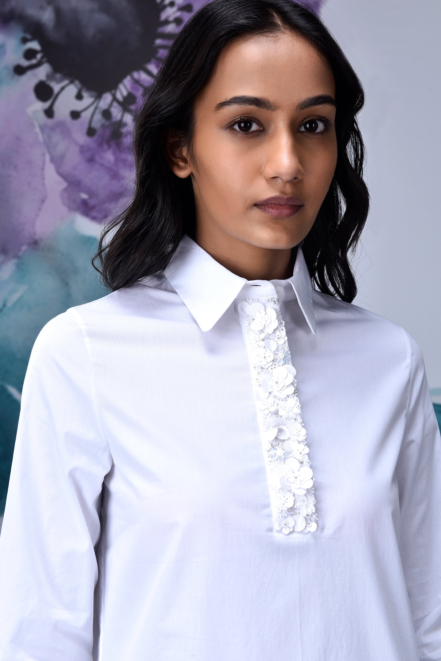 Stylera relaxed fit white dress for women with textured floral front placket and spread collar