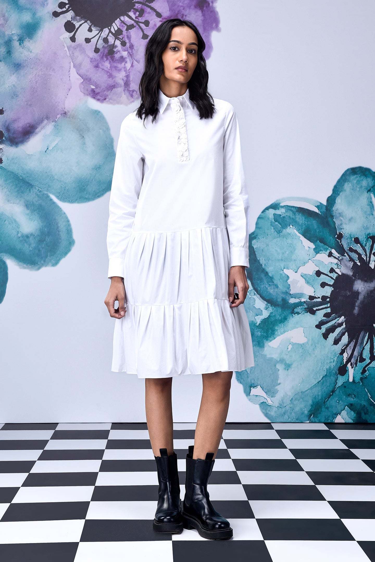 Stylera relaxed fit white dress for women with long sleeves, tiered skirt, and collar