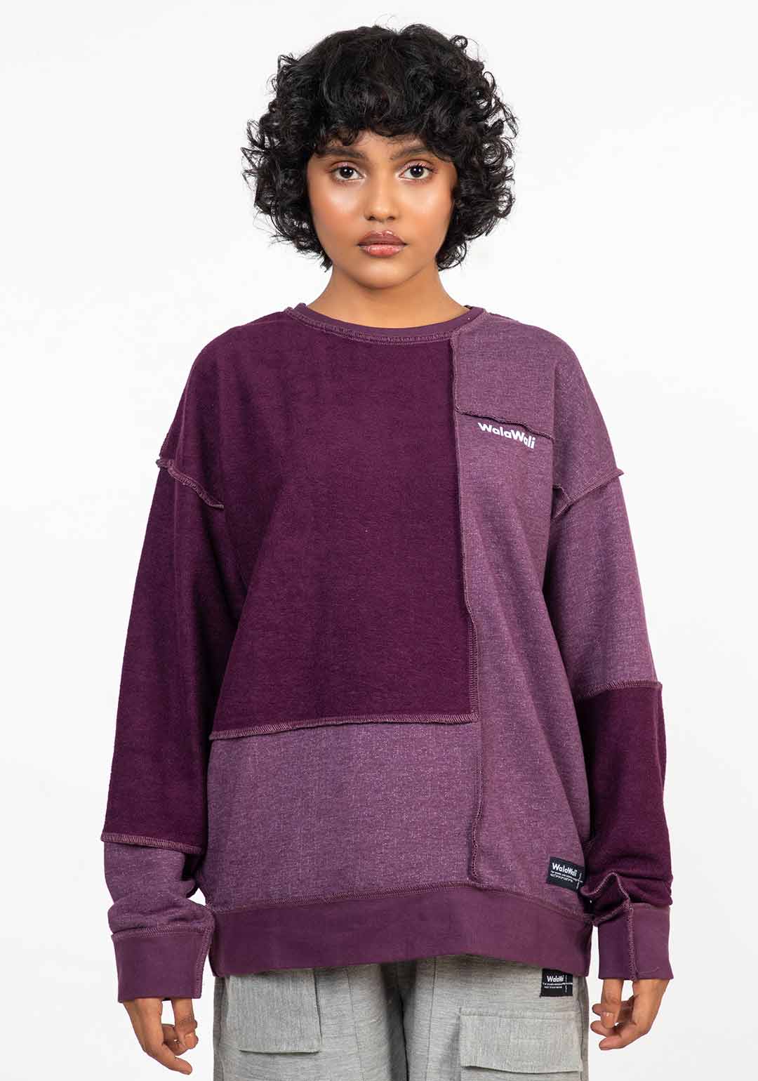 Stylera reversible oversized sweatshirt patchwork purple crewneck on model with relaxed drop shoulder fit