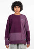 Stylera reversible oversized sweatshirt patchwork purple crewneck on model with relaxed drop shoulder fit
