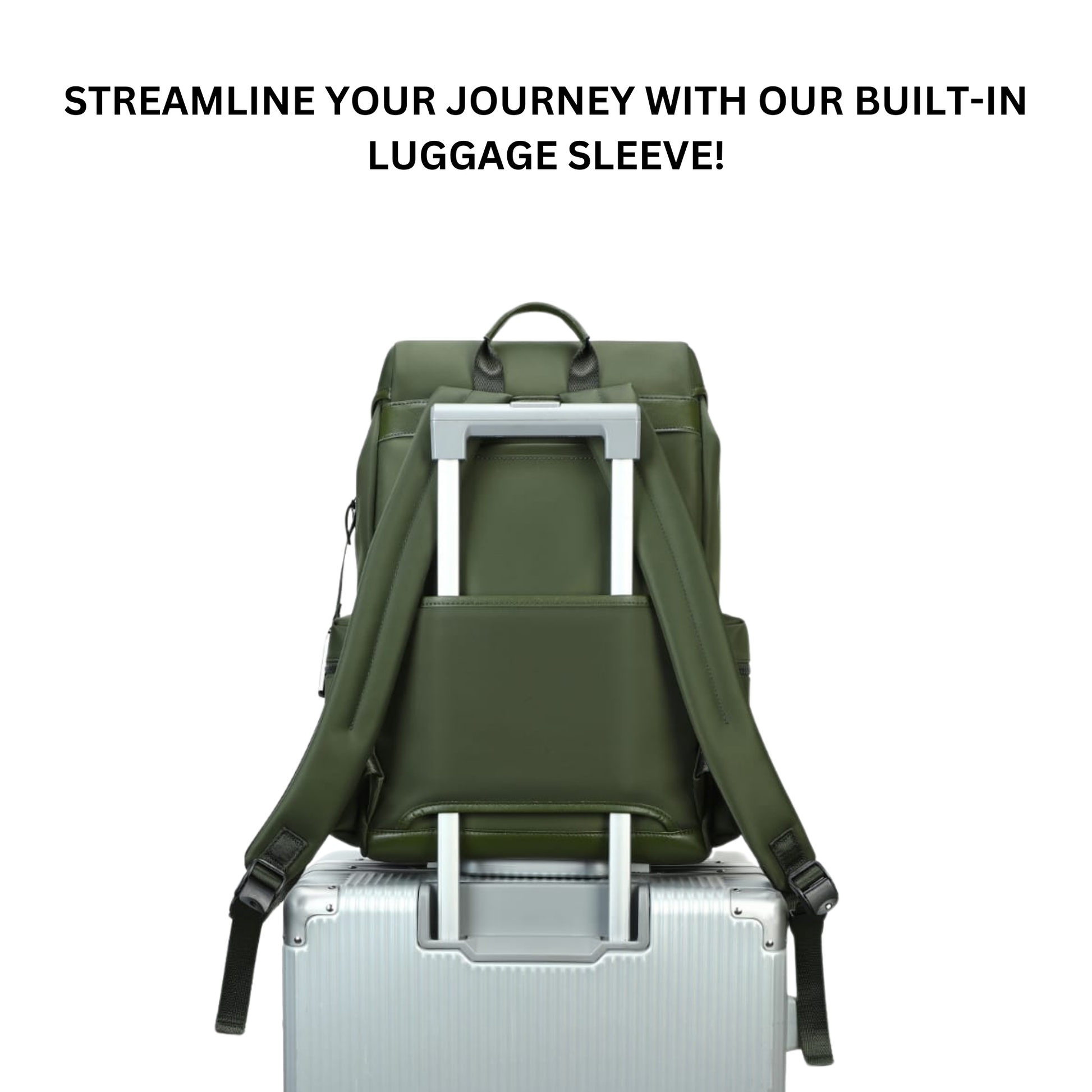 Stylera Ridge Backpack Olive for men and women shown from back attached to silver rolling suitcase with built in luggage sleeve
