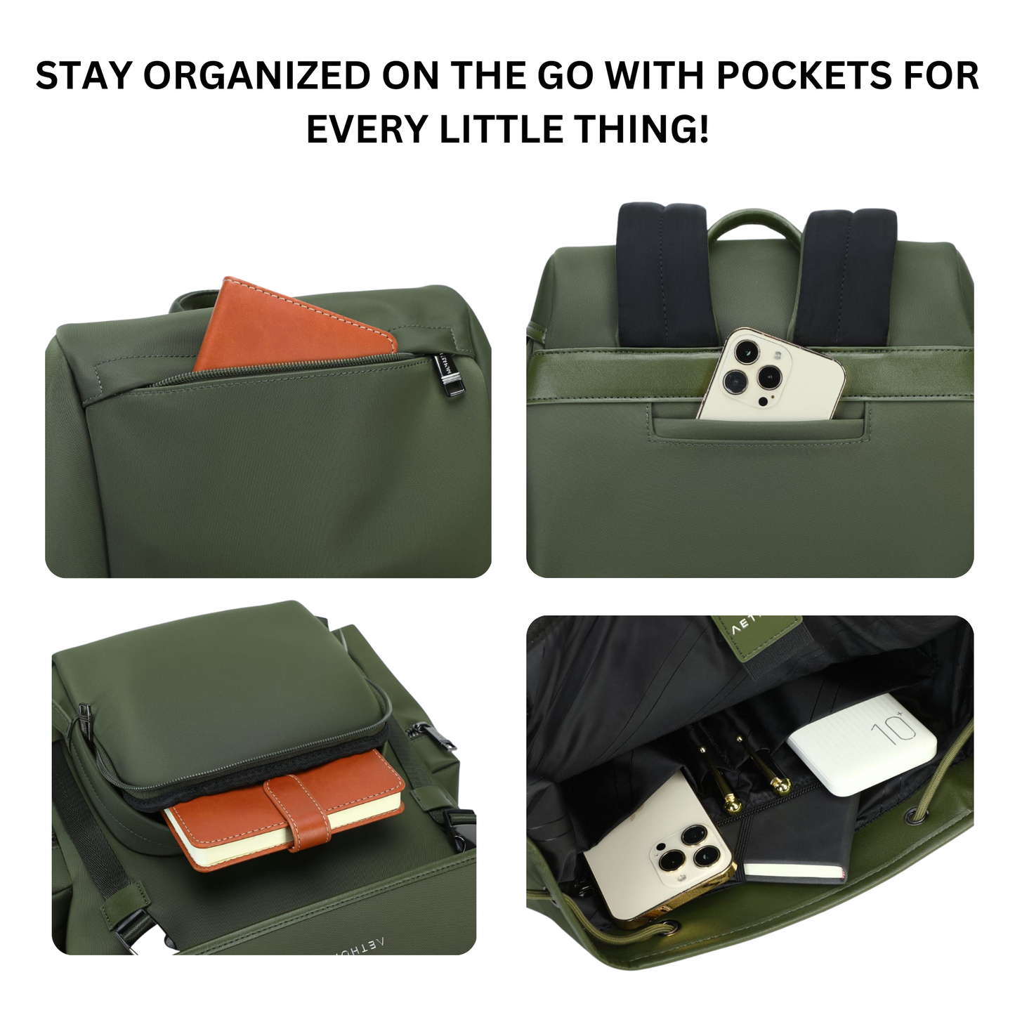 Stylera luxury Ridge Backpack Olive for men and women. Multiple exterior and interior pockets shown with phone and wallet