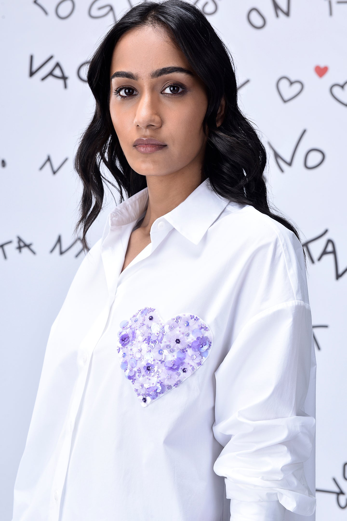 White Stylera's shirt with purple sequin heart design sequin heart shirt women